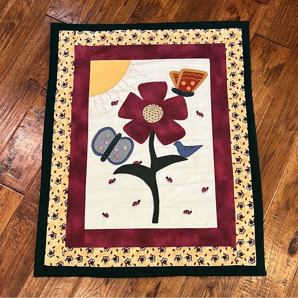 Hand Crafted Wall Tapestry or Table Topper Decor Burgundy Yellow Floral Design